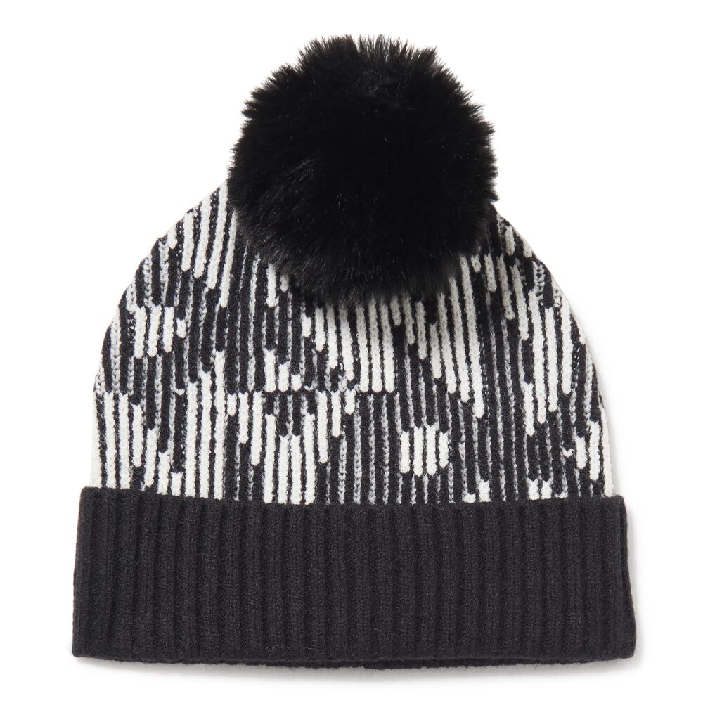 4626 Ribbed Logo Faux Fur Pom Beanie, Ivory